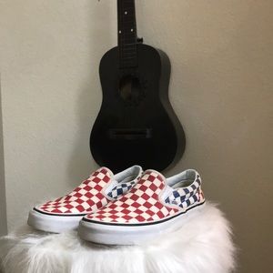 Slip On Checkerboard Vans (Red and Blue)